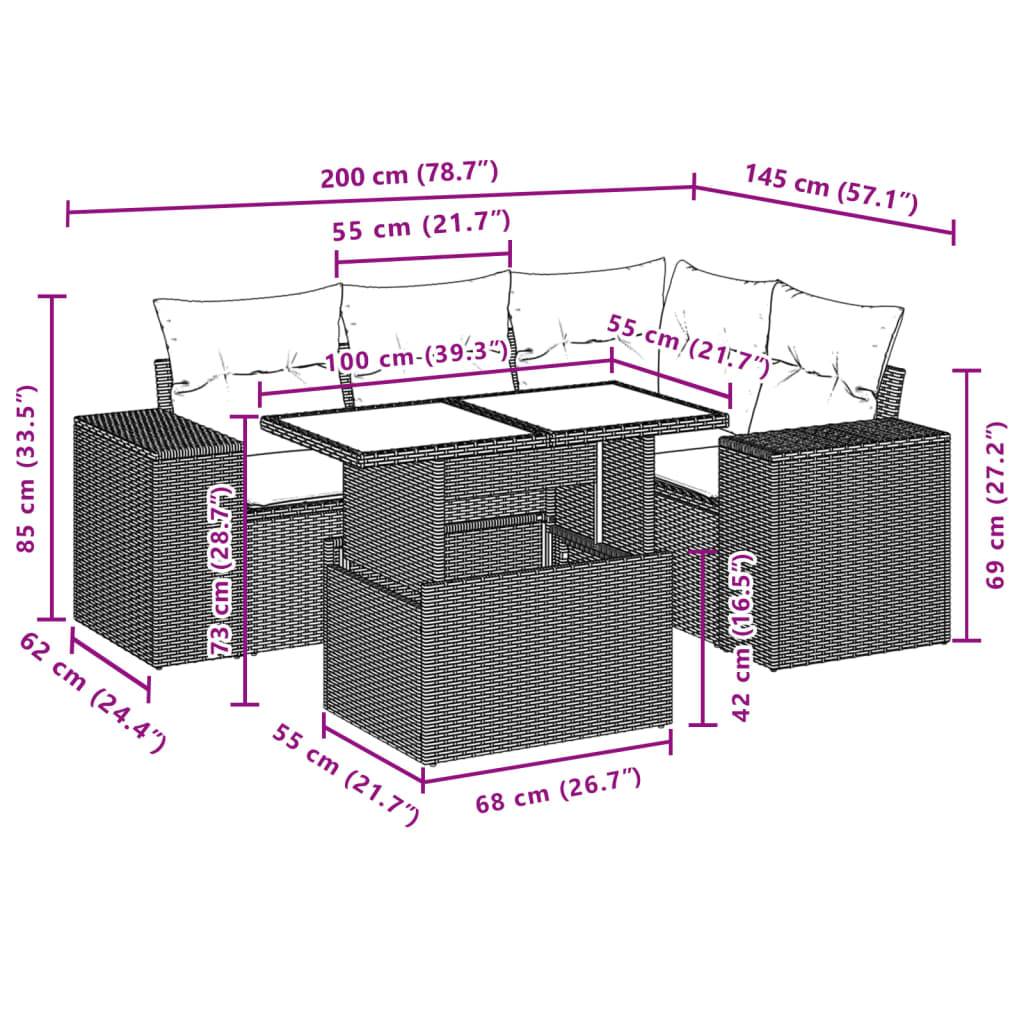 vidaXL 5-tlg. Garten-Sofagarnitur mit Kissen Schwarz Poly Rattan