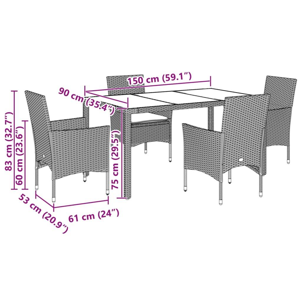 vidaXL 5-tlg. Garten-Essgruppe mit Kissen Schwarz Poly Rattan und Glas