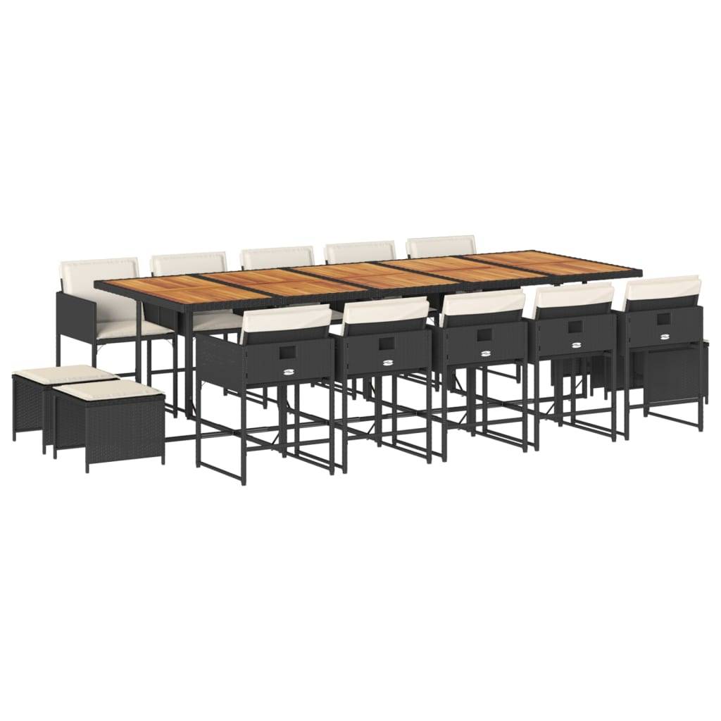 vidaXL 15-tlg. Garten-Essgruppe mit Kissen Schwarz Poly Rattan