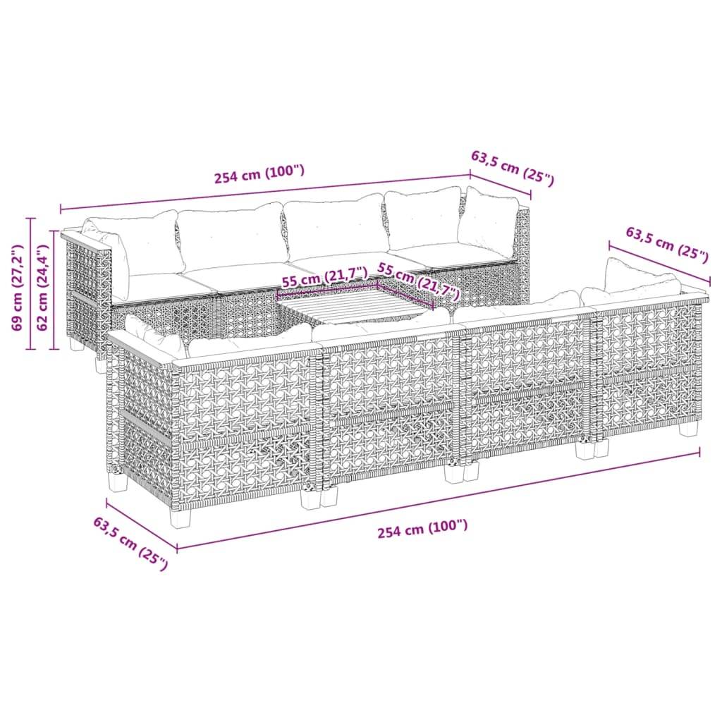 vidaXL 9-tlg. Garten-Sofagarnitur mit Kissen Schwarz Poly Rattan
