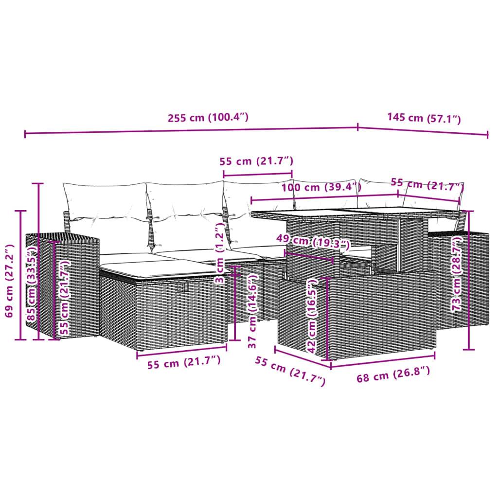 vidaXL 7-tlg. Garten-Sofagarnitur mit Kissen Schwarz Poly Rattan