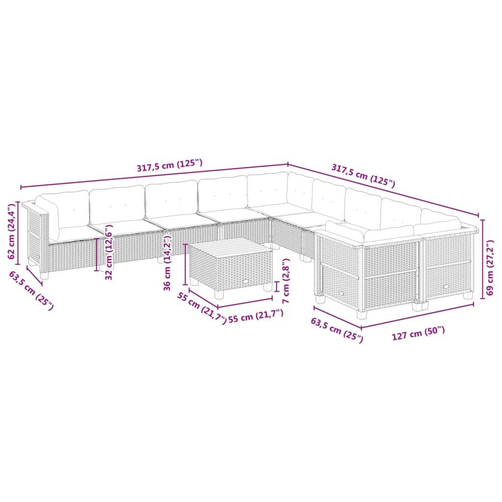 vidaXL 11-tlg. Garten-Sofagarnitur mit Kissen Schwarz Poly Rattan