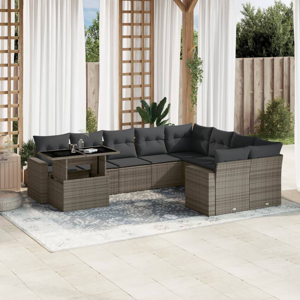 vidaXL 10-tlg. Garten-Sofagarnitur mit Kissen Grau Poly Rattan