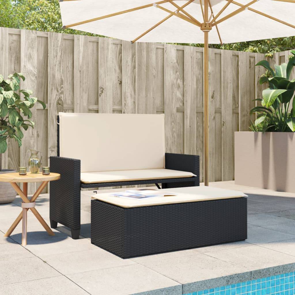 vidaXL Gartenbank mit Kissen und Hocker Schwarz Poly Rattan