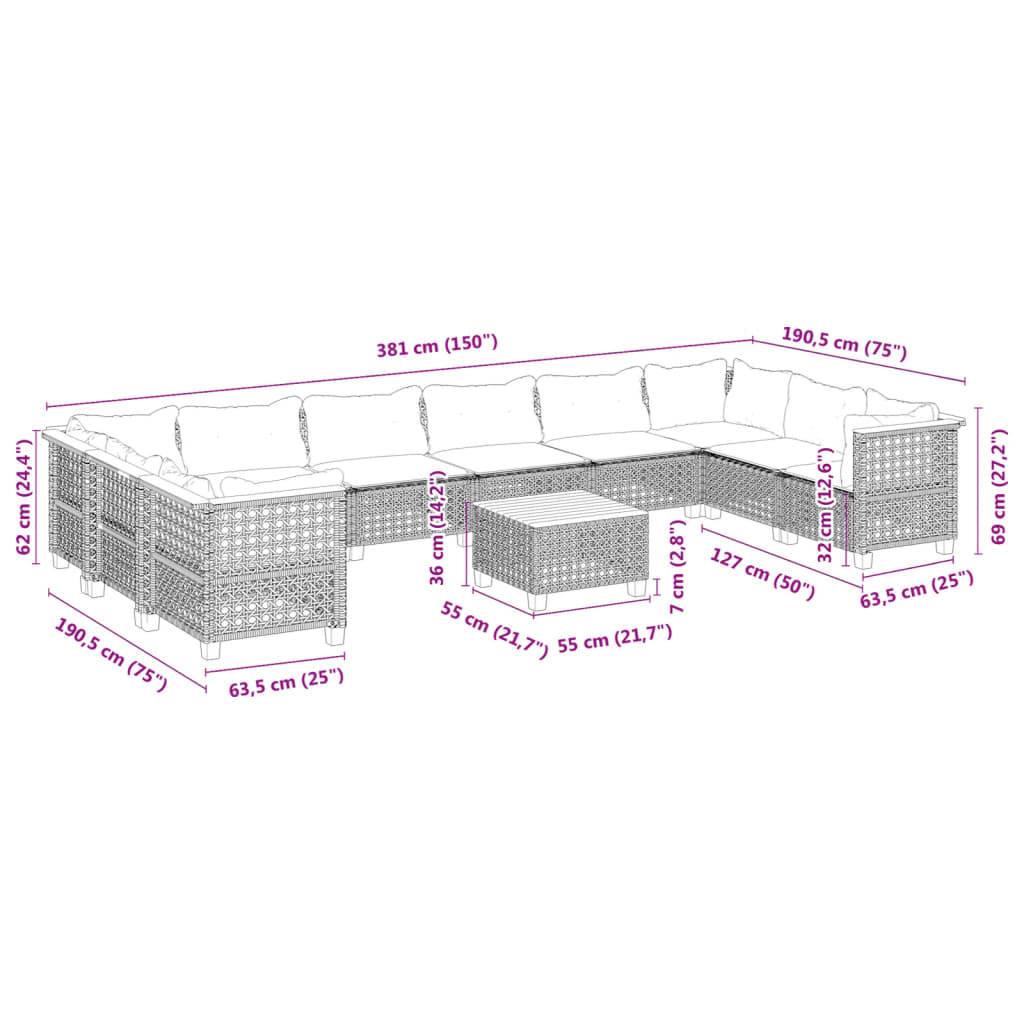 vidaXL 11-tlg. Garten-Sofagarnitur mit Kissen Schwarz Poly Rattan