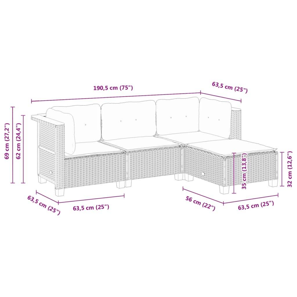 vidaXL 4-tlg. Garten-Sofagarnitur mit Kissen Schwarz Poly Rattan