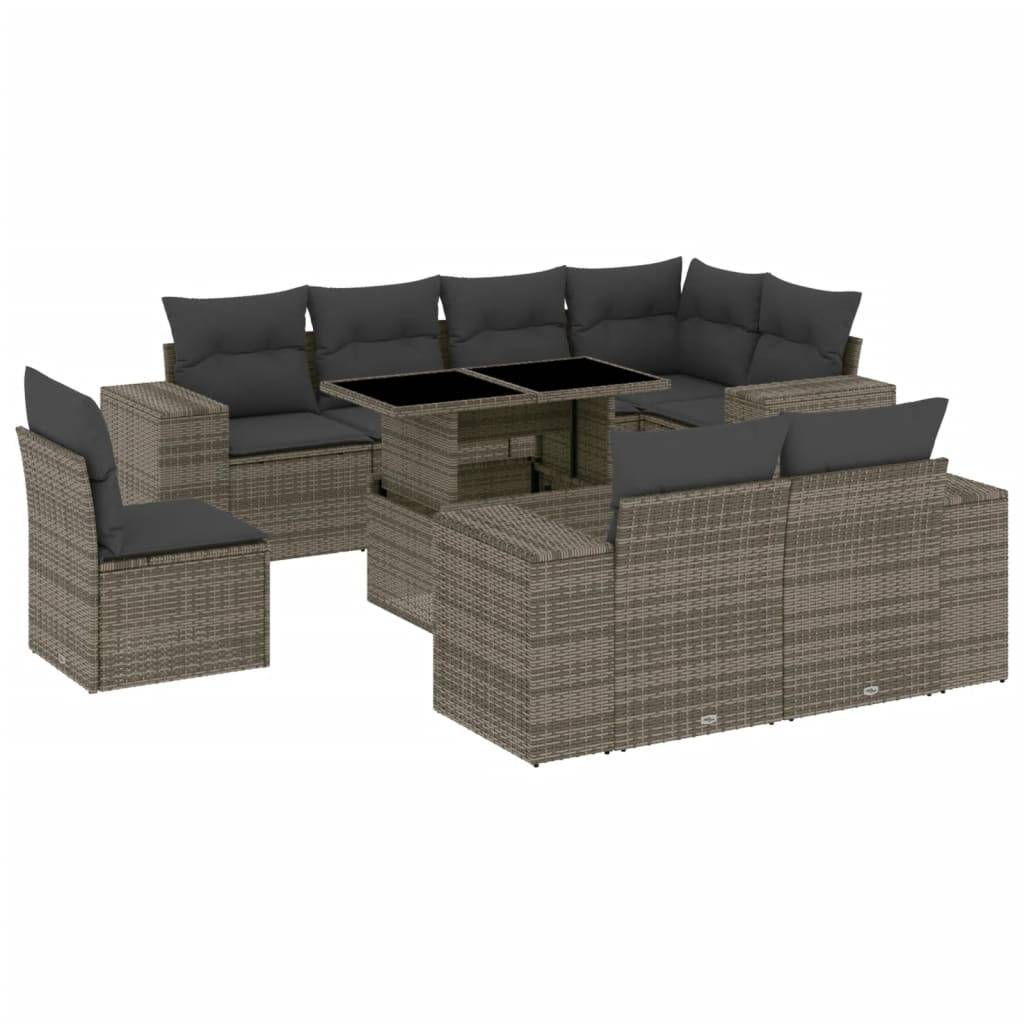 vidaXL 9-tlg. Garten-Sofagarnitur mit Kissen Grau Poly Rattan