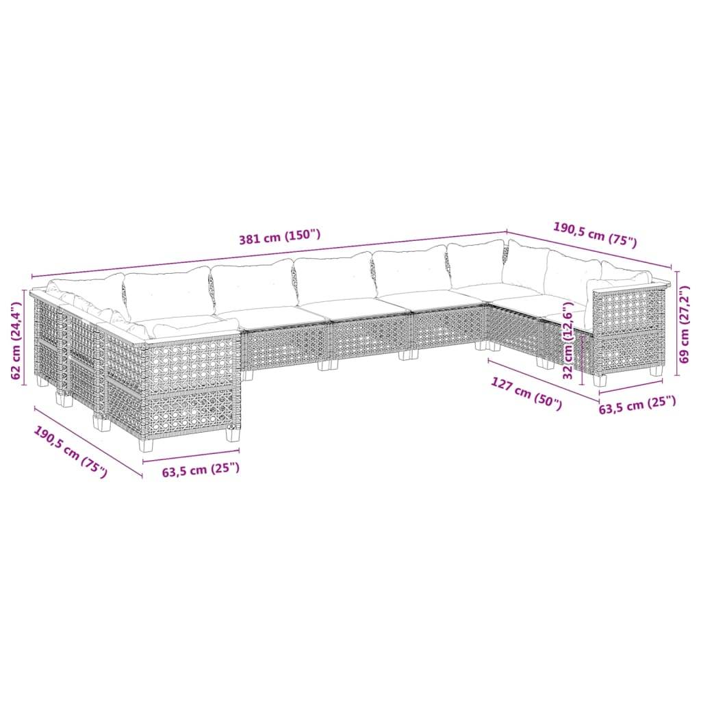 vidaXL 10-tlg. Garten-Sofagarnitur mit Kissen Grau Poly Rattan
