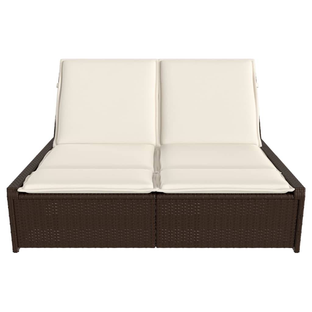 vidaXL Doppel-Sonnenliege mit Auflagen Braun Poly Rattan