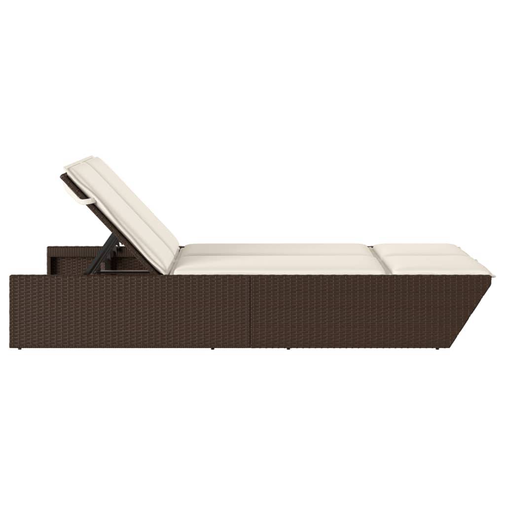 vidaXL Doppel-Sonnenliege mit Auflagen Braun Poly Rattan