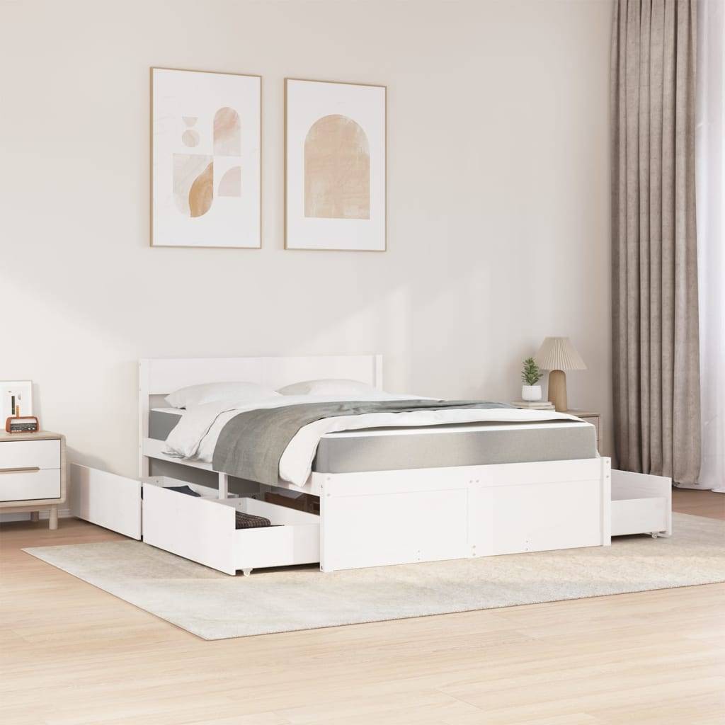 vidaXL Bett mit Schubladen und Matratze Weiß 120x200 cm Massivholz