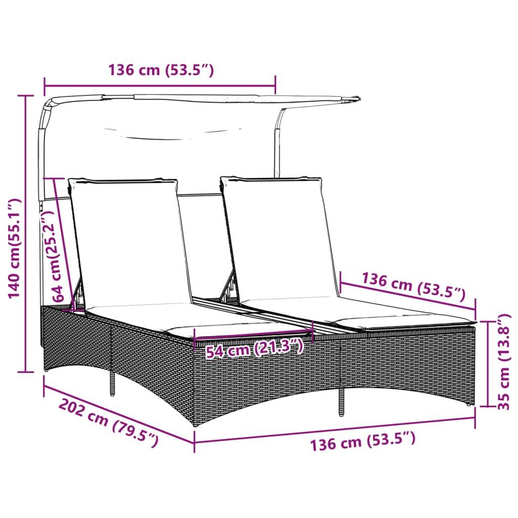 vidaXL Doppel-Sonnenliege mit Dach und Auflagen Beige Poly Rattan