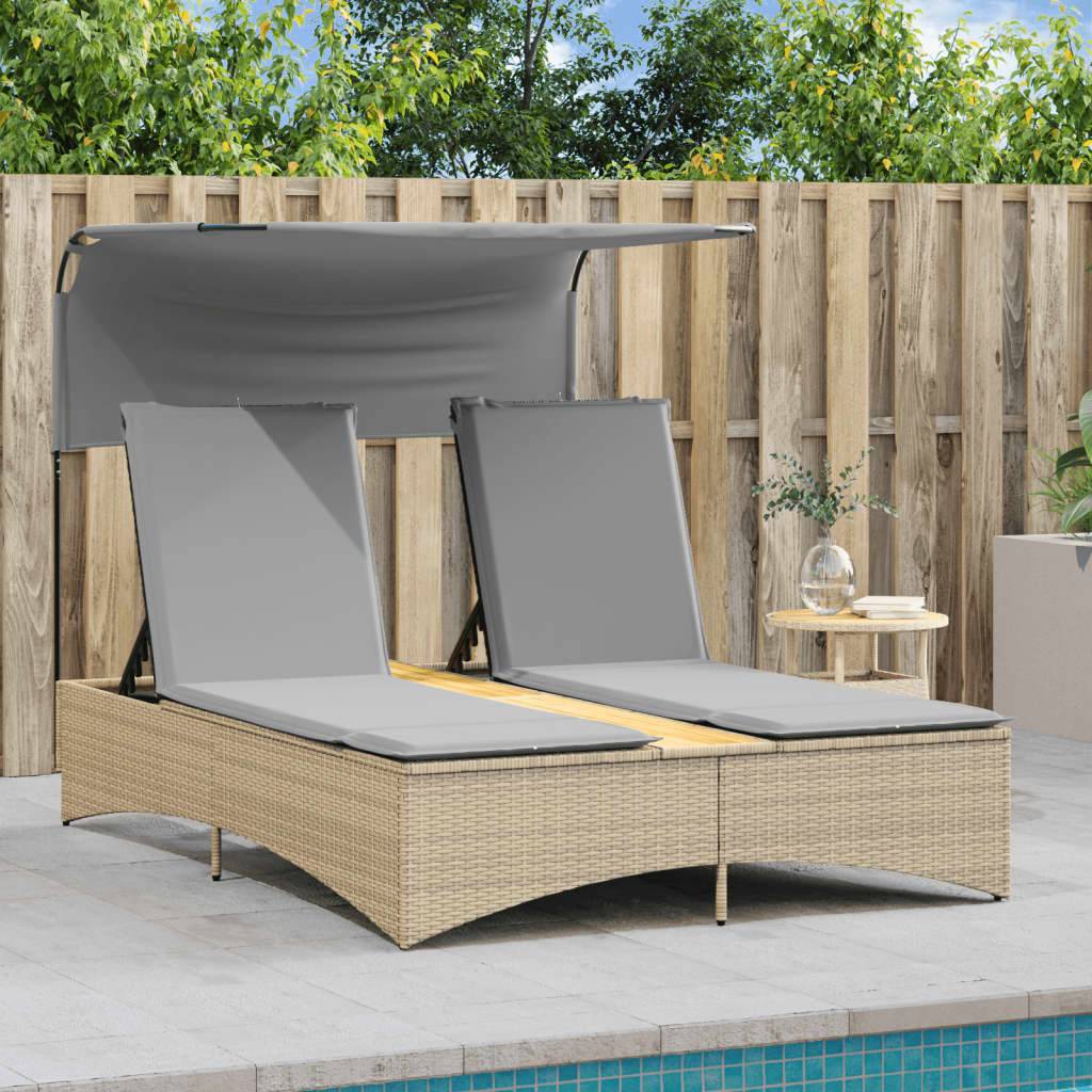 vidaXL Doppel-Sonnenliege mit Dach und Auflagen Beige Poly Rattan