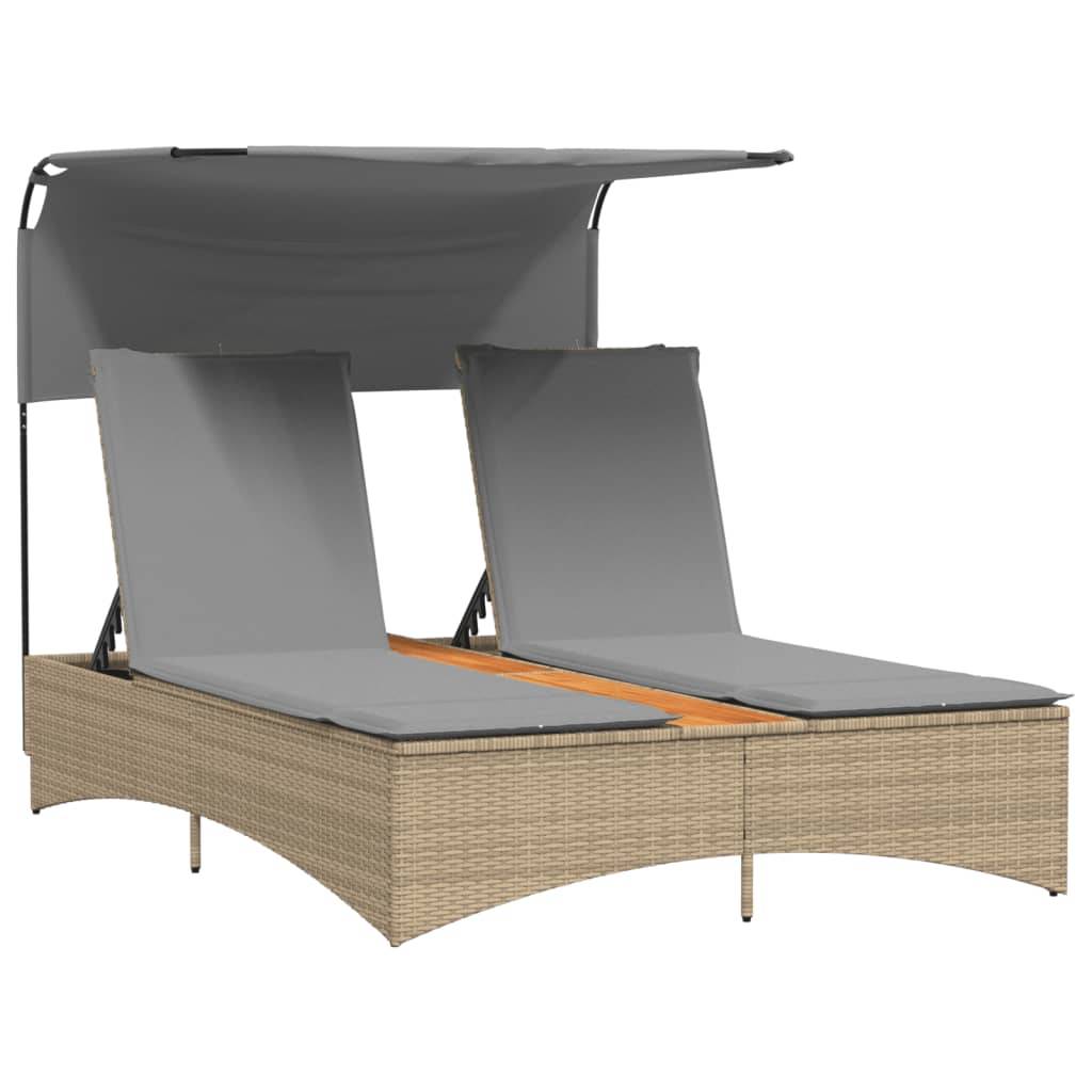 vidaXL Doppel-Sonnenliege mit Dach und Auflagen Beige Poly Rattan