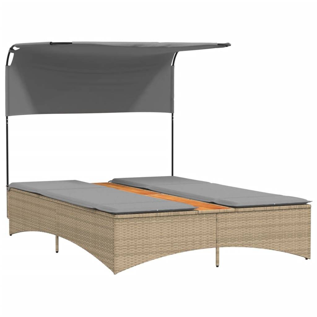 vidaXL Doppel-Sonnenliege mit Dach und Auflagen Beige Poly Rattan