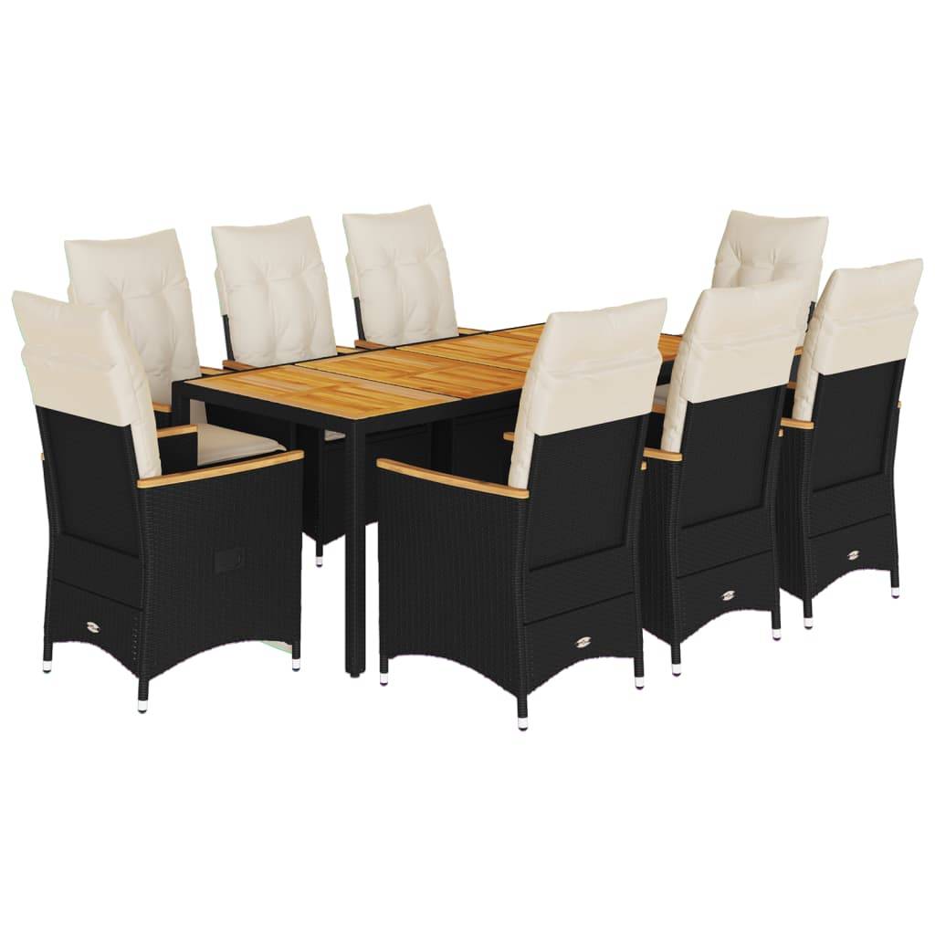vidaXL 9-tlg. Garten-Essgruppe mit Kissen Schwarz Poly Rattan