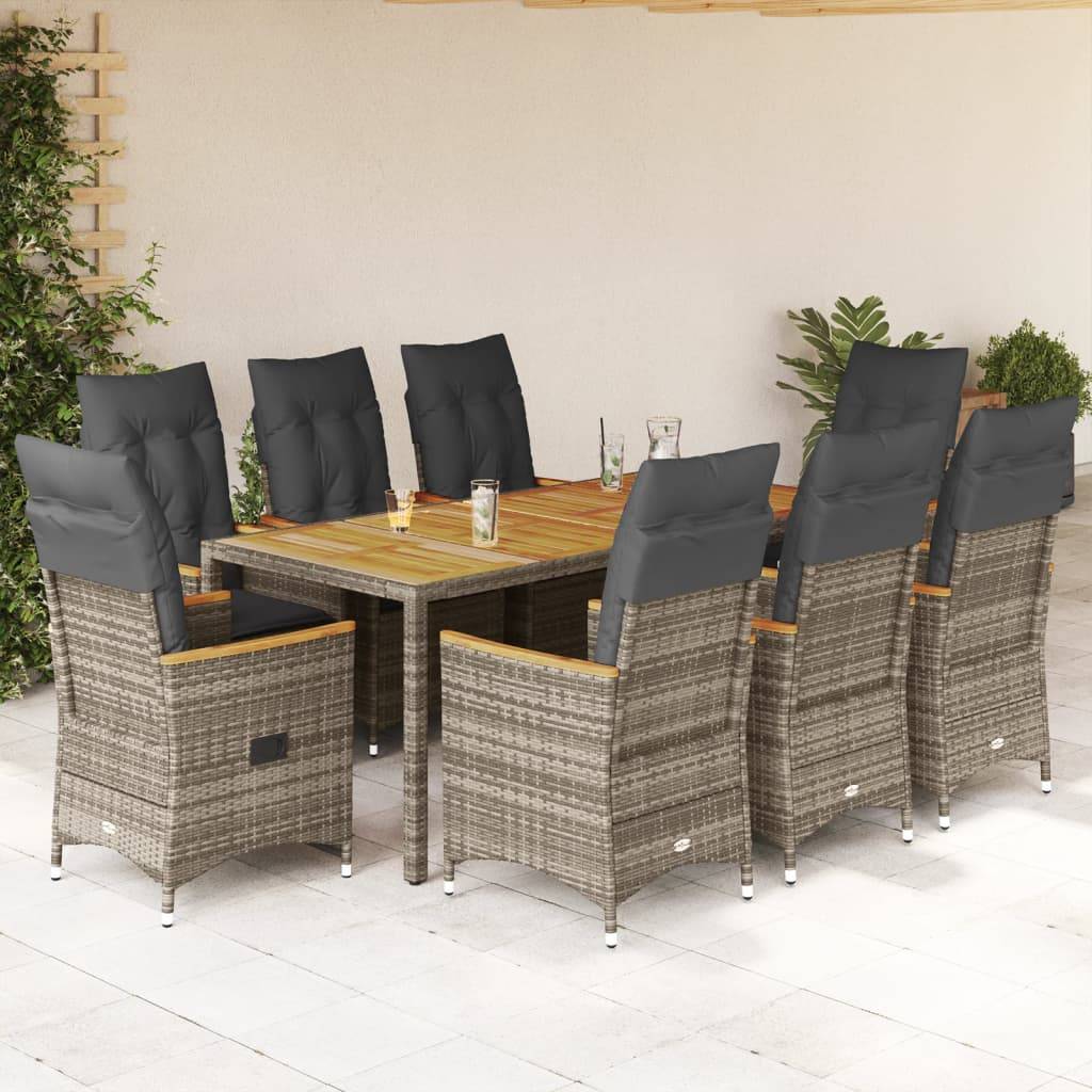 vidaXL 9-tlg. Garten-Essgruppe mit Kissen Grau Poly Rattan
