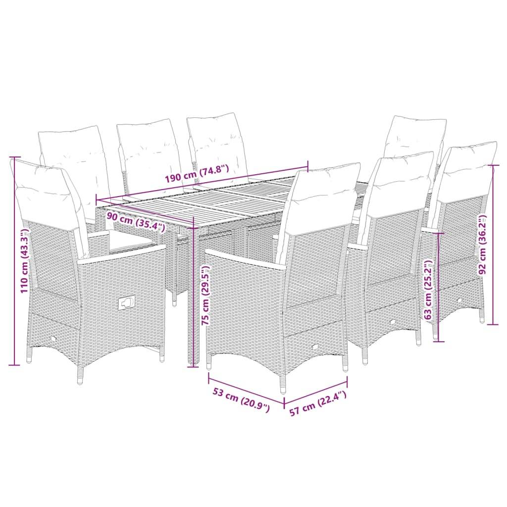 vidaXL 9-tlg. Garten-Essgruppe mit Kissen Grau Poly Rattan