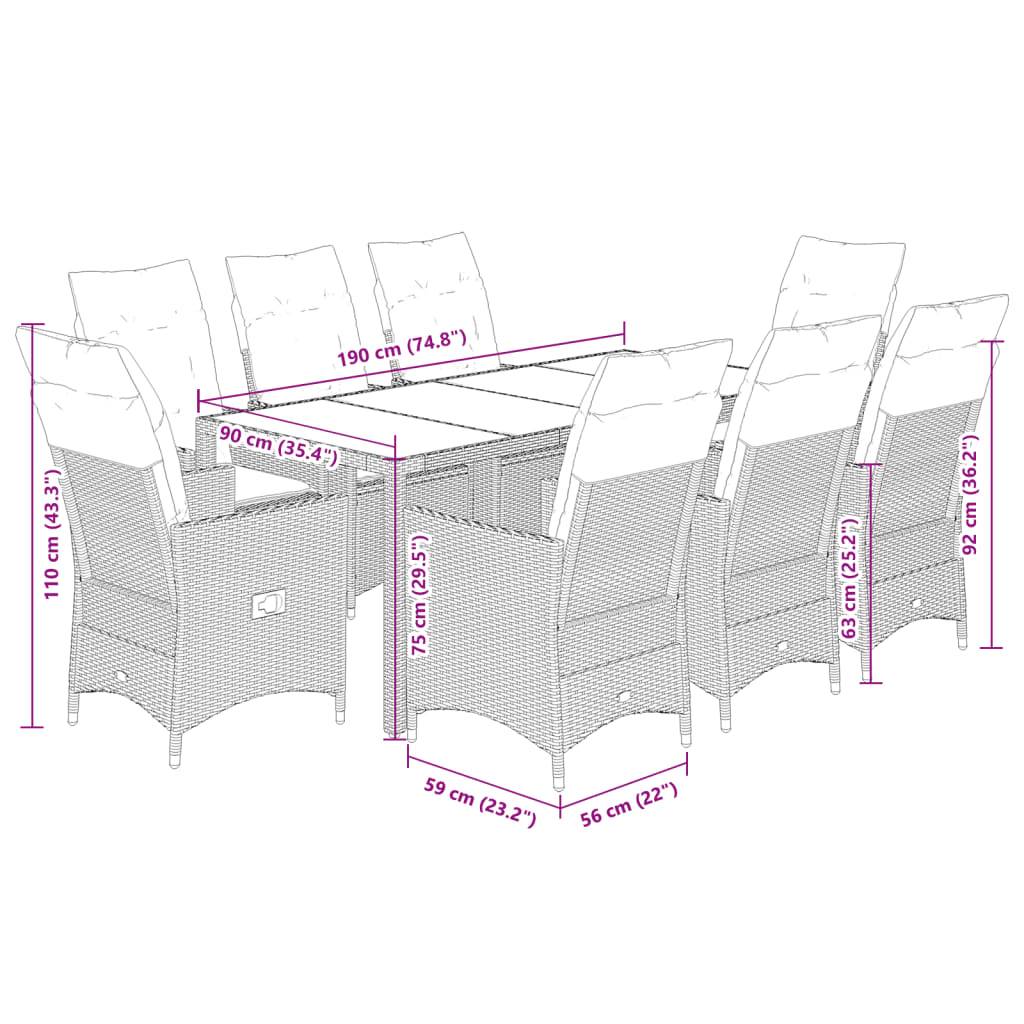 vidaXL 9-tlg. Garten-Essgruppe mit Kissen Braun Poly Rattan