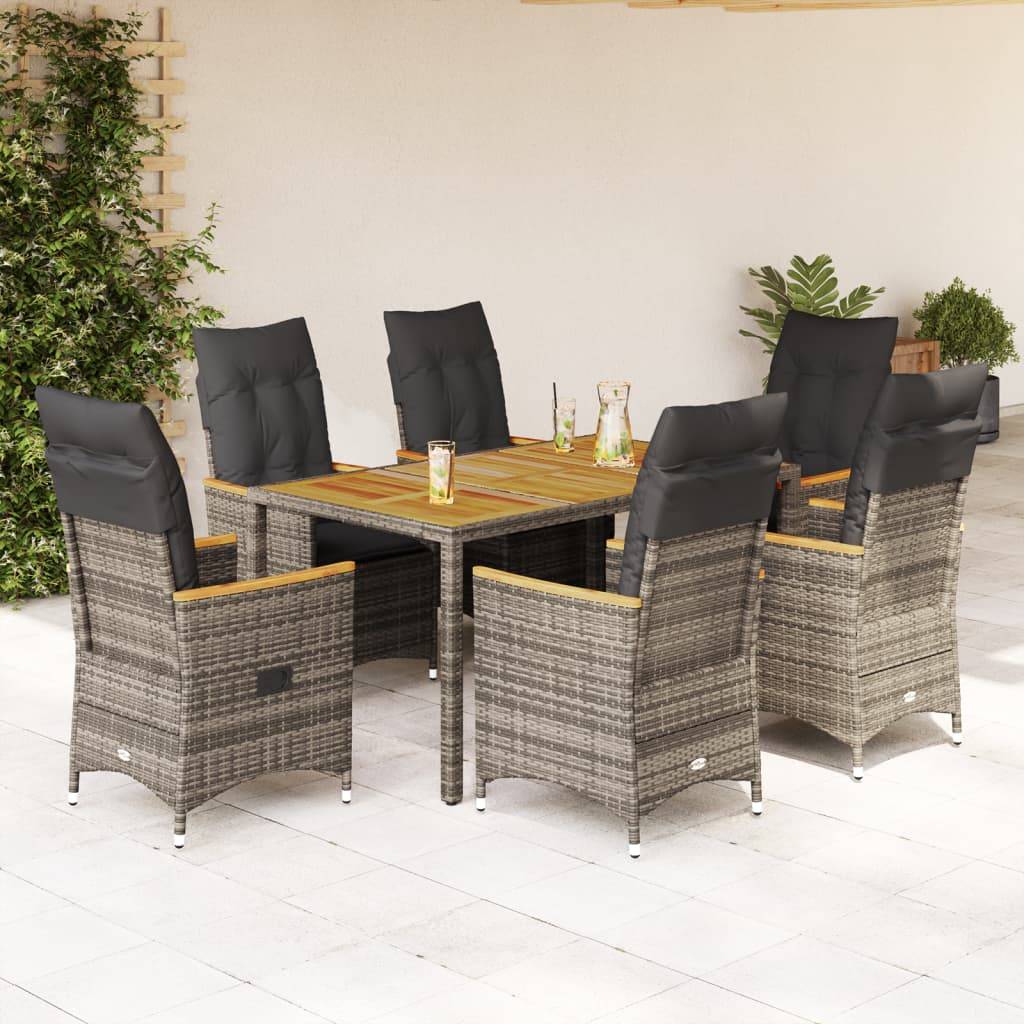 vidaXL 7-tlg. Garten-Essgruppe mit Kissen Grau Poly Rattan