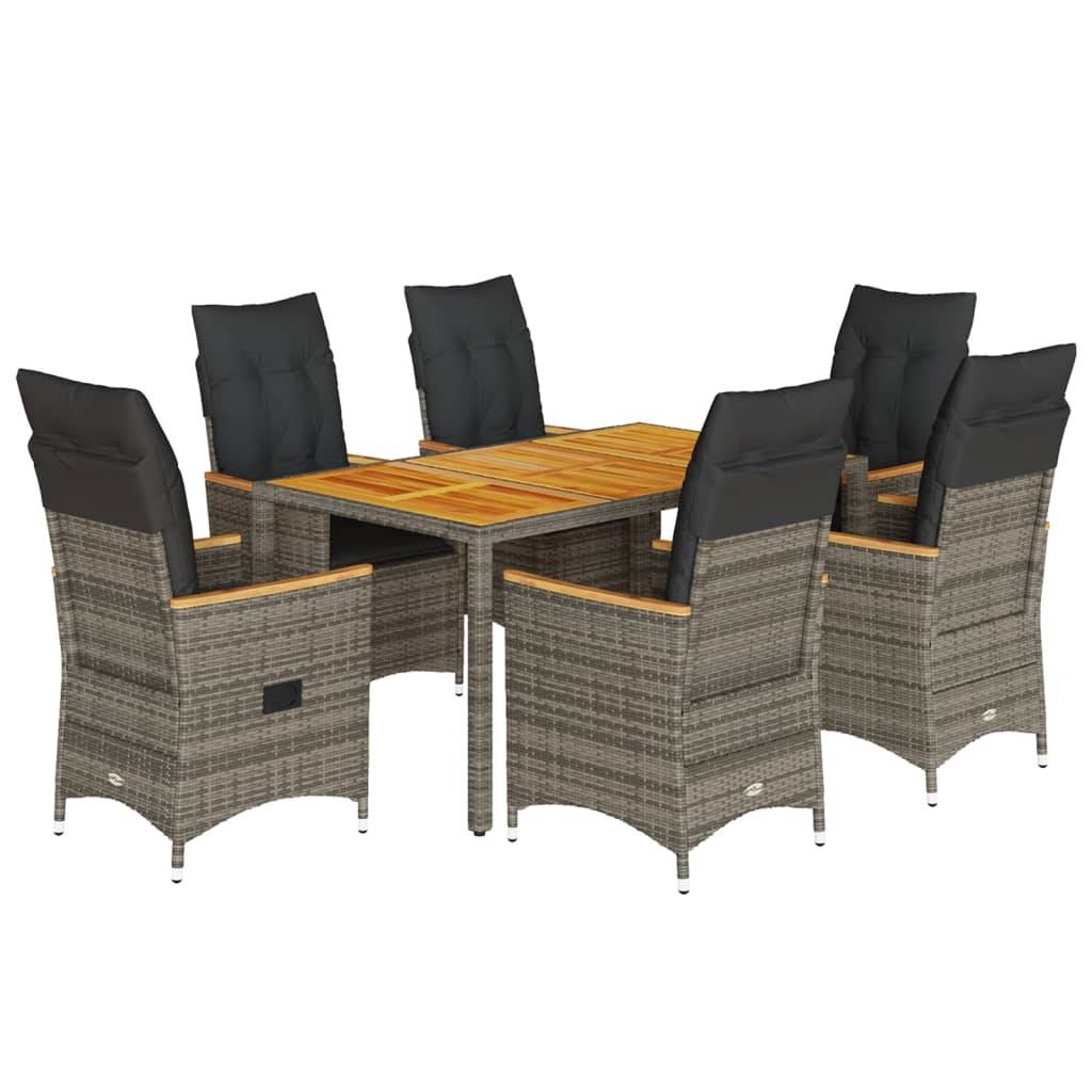 vidaXL 7-tlg. Garten-Essgruppe mit Kissen Grau Poly Rattan