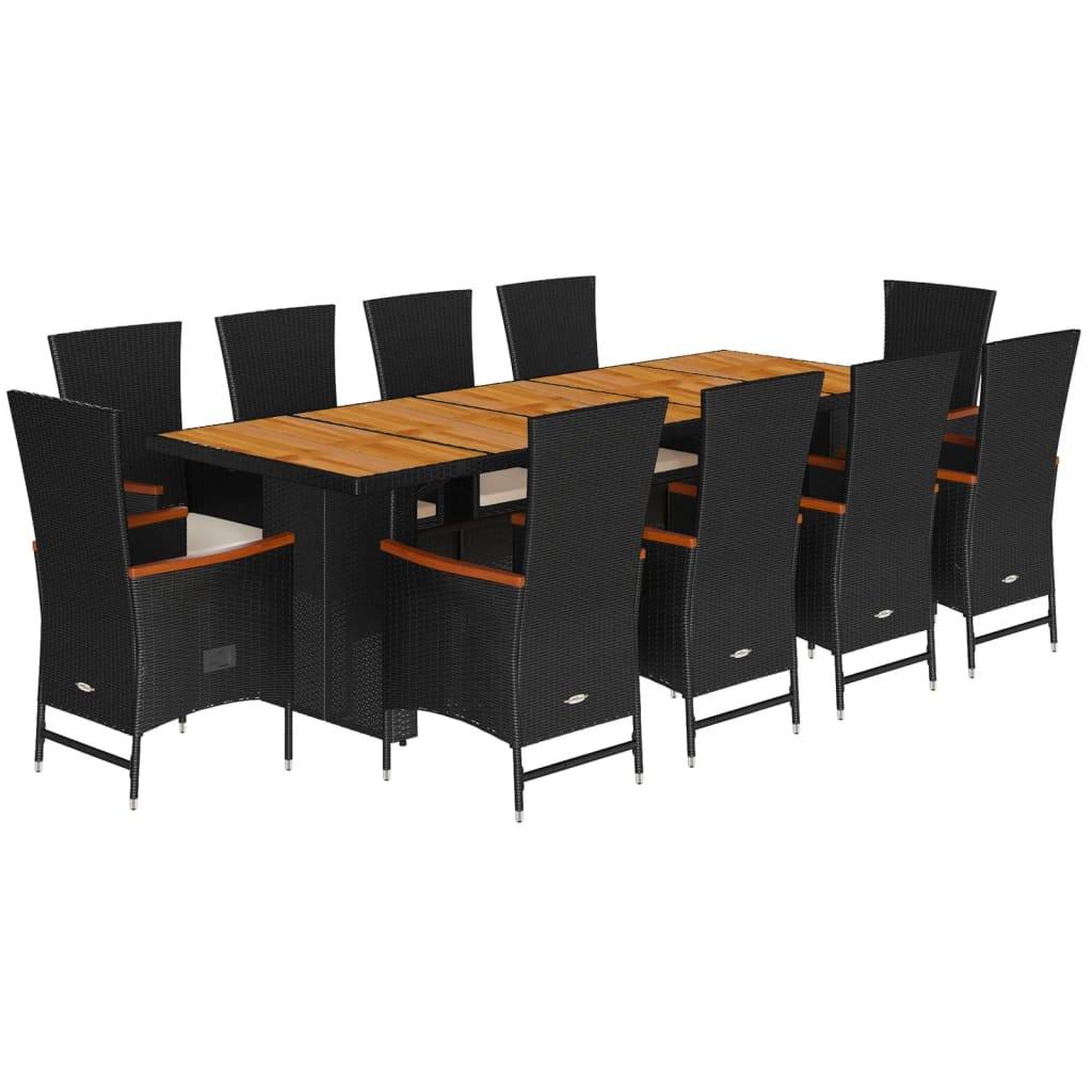 vidaXL 11-tlg. Garten-Essgruppe mit Kissen Schwarz Poly Rattan