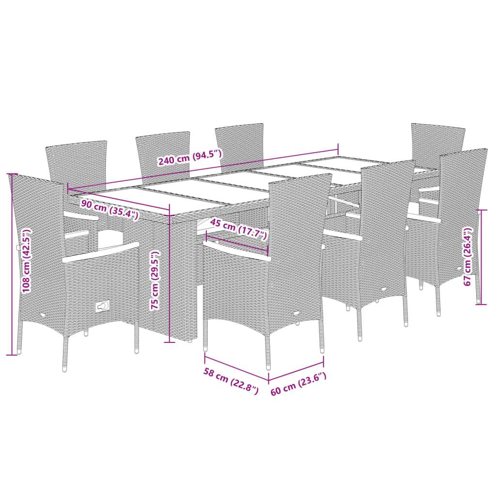 vidaXL 9-tlg. Garten-Essgruppe mit Kissen Grau Poly Rattan