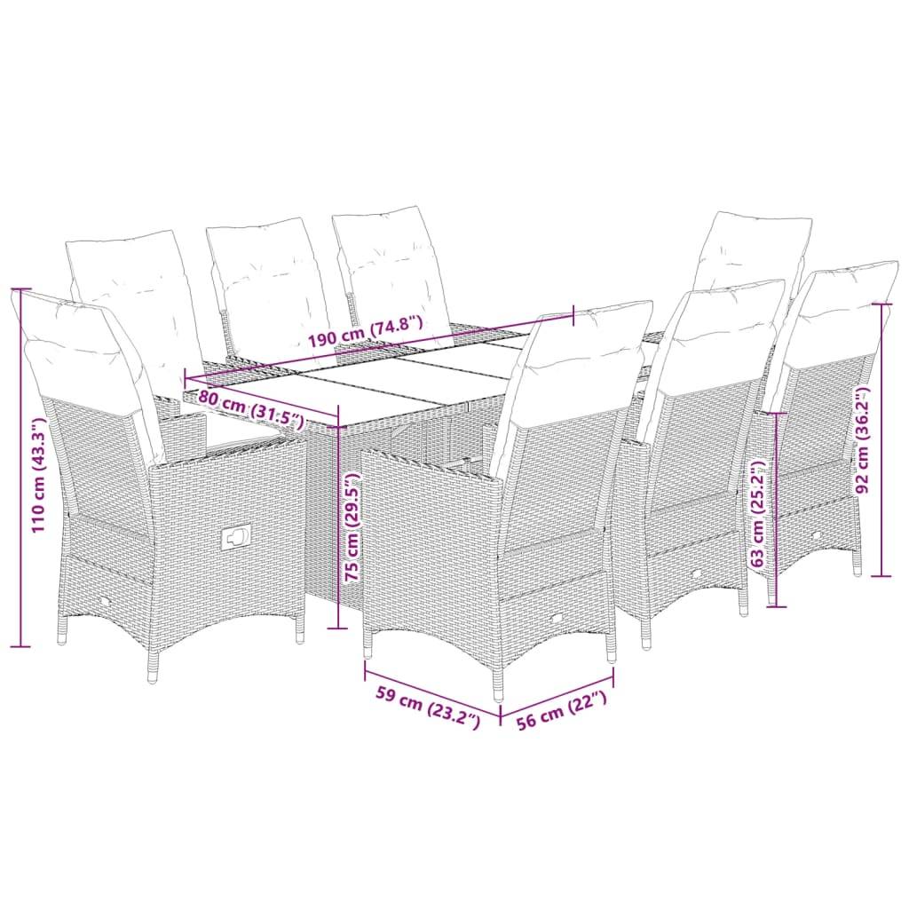 vidaXL 9-tlg. Garten-Essgruppe mit Kissen Schwarz Poly Rattan