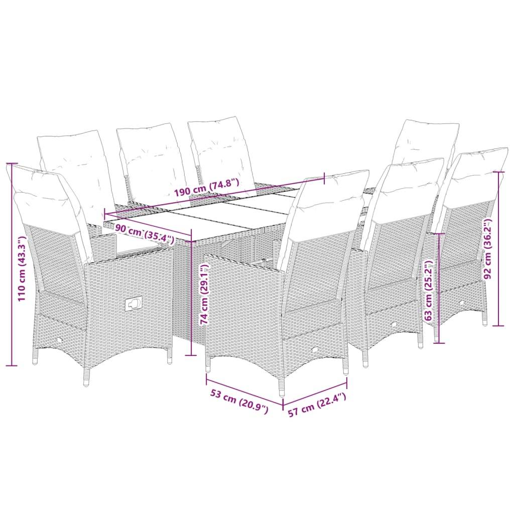 vidaXL 9-tlg. Garten-Essgruppe mit Kissen Grau Poly Rattan