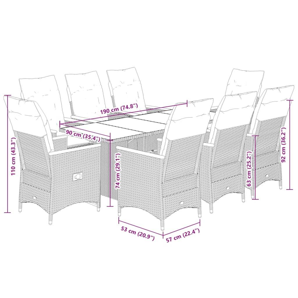 vidaXL 9-tlg. Garten-Essgruppe mit Kissen Grau Poly Rattan