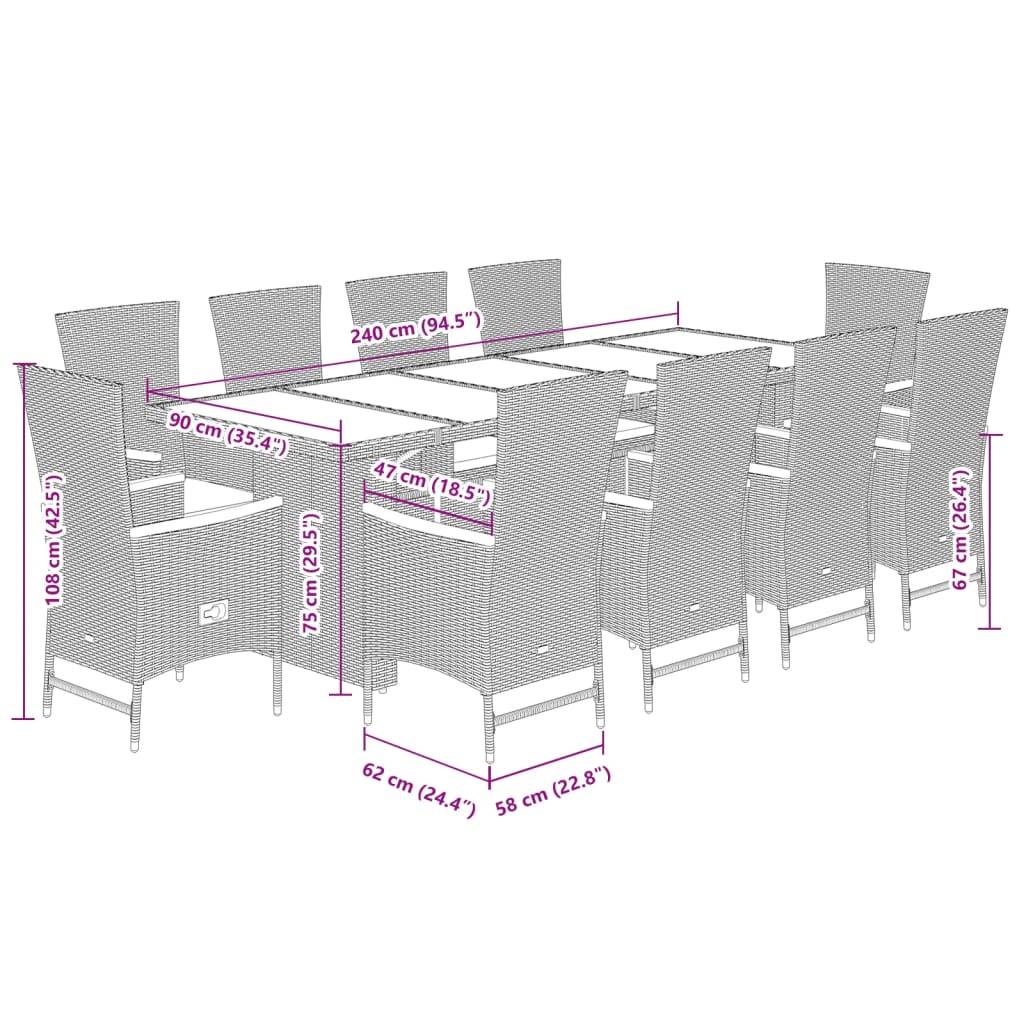vidaXL 11-tlg. Garten-Essgruppe mit Kissen Schwarz Poly Rattan