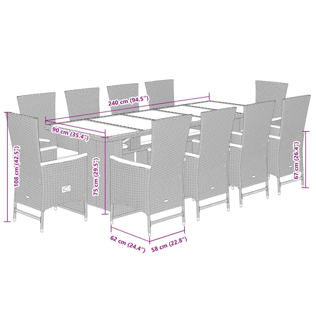 vidaXL 11-tlg. Garten-Essgruppe mit Kissen Schwarz Poly Rattan