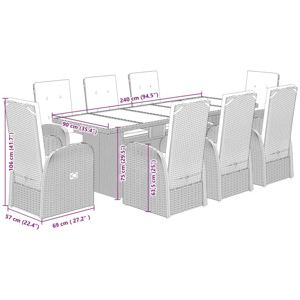 vidaXL 9-tlg. Garten-Essgruppe mit Kissen Grau Poly Rattan