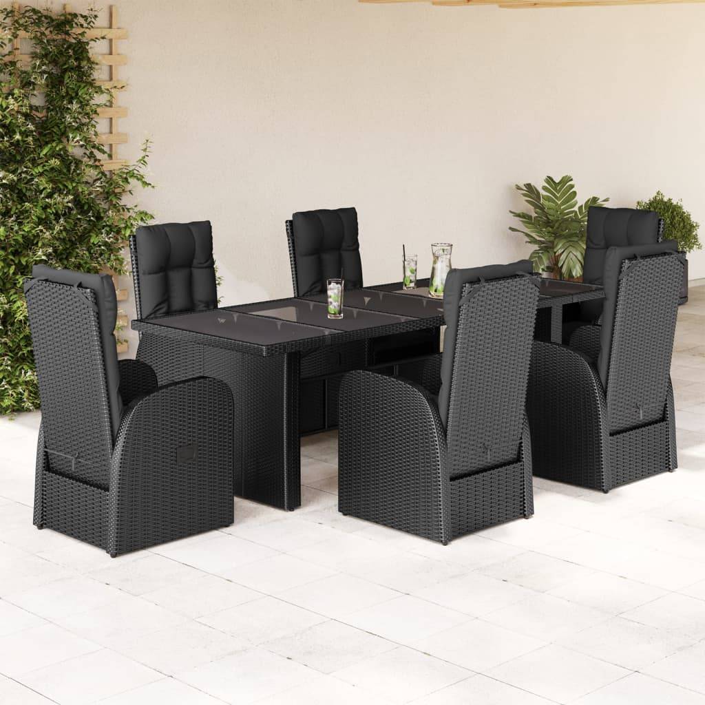 vidaXL 7-tlg. Garten-Essgruppe mit Kissen Schwarz Poly Rattan