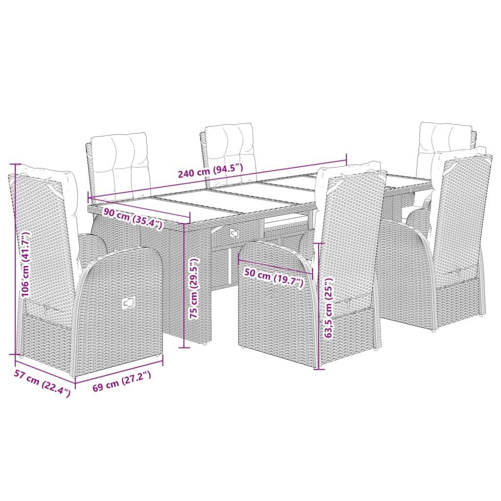 vidaXL 7-tlg. Garten-Essgruppe mit Kissen Schwarz Poly Rattan