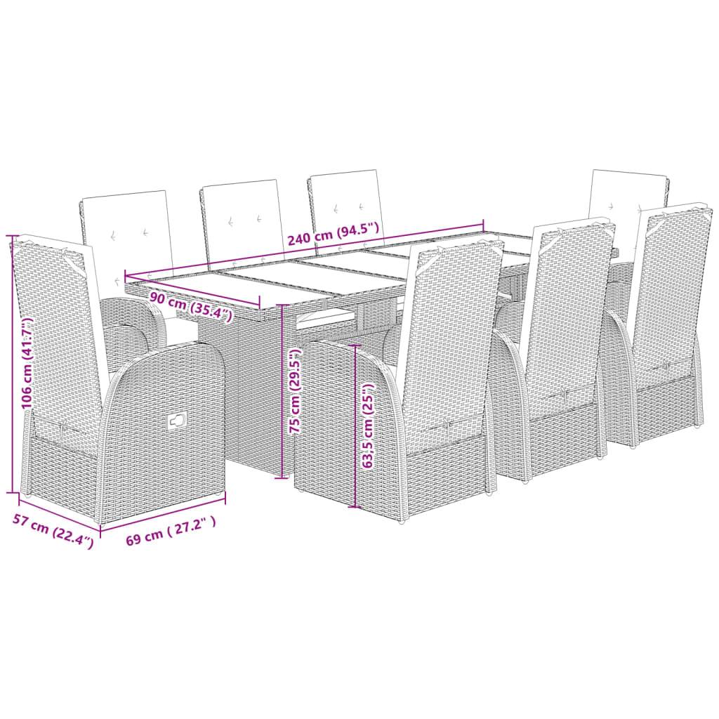 vidaXL 9-tlg. Garten-Essgruppe mit Kissen Grau Poly Rattan