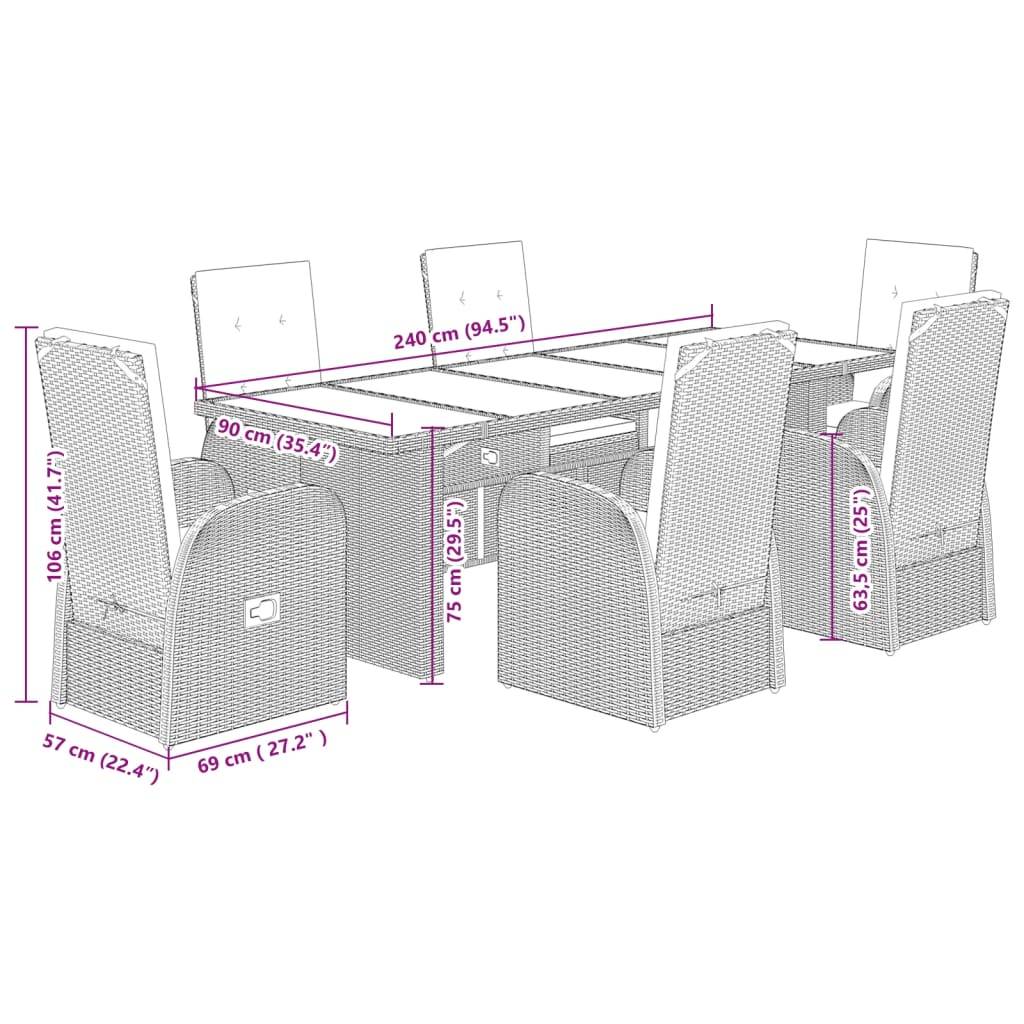 vidaXL 7-tlg. Garten-Essgruppe mit Kissen Grau Poly Rattan
