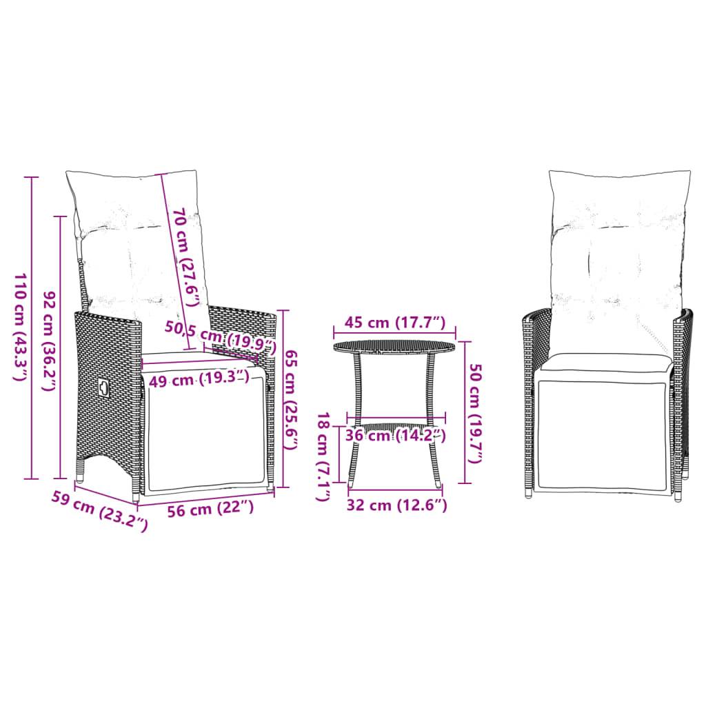 vidaXL 3-tlg. Bistro-Set mit Kissen Grau Poly Rattan
