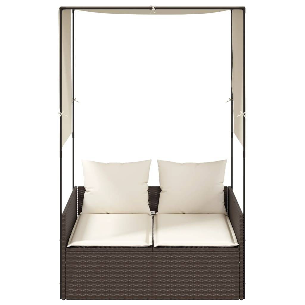 vidaXL Doppel-Sonnenliege mit Dach und Vorhängen Braun Poly Rattan