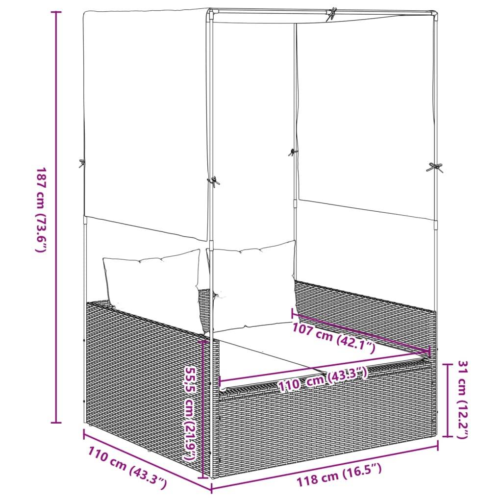 vidaXL Doppel-Sonnenliege mit Dach und Vorhängen Braun Poly Rattan