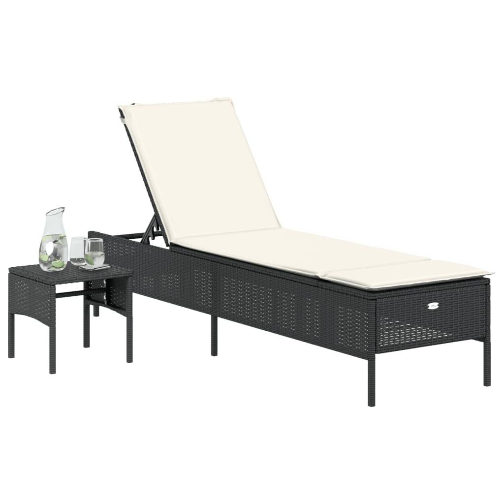 vidaXL Sonnenliege mit Tisch und Auflage Schwarz Poly-Rattan
