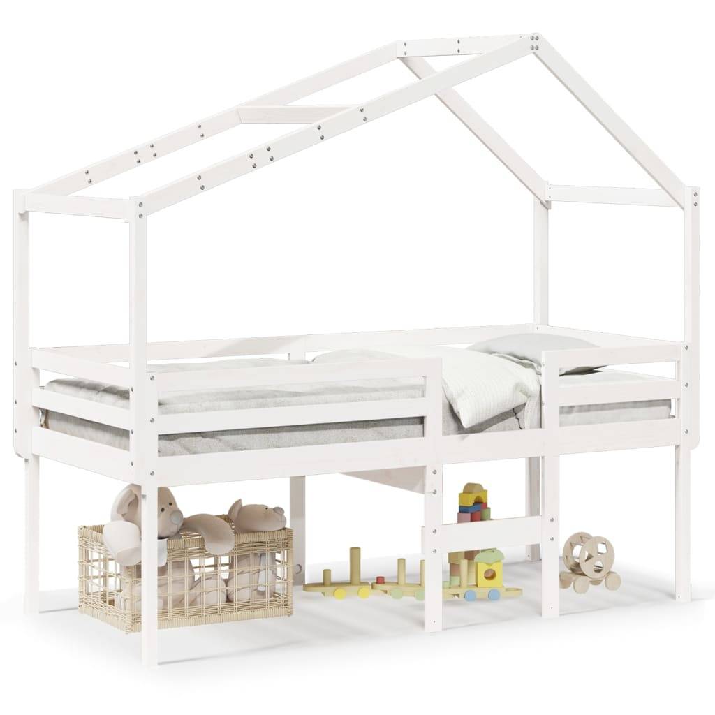 vidaXL Hochbett mit Dach Weiß 90x200 cm Massivholz Kiefer