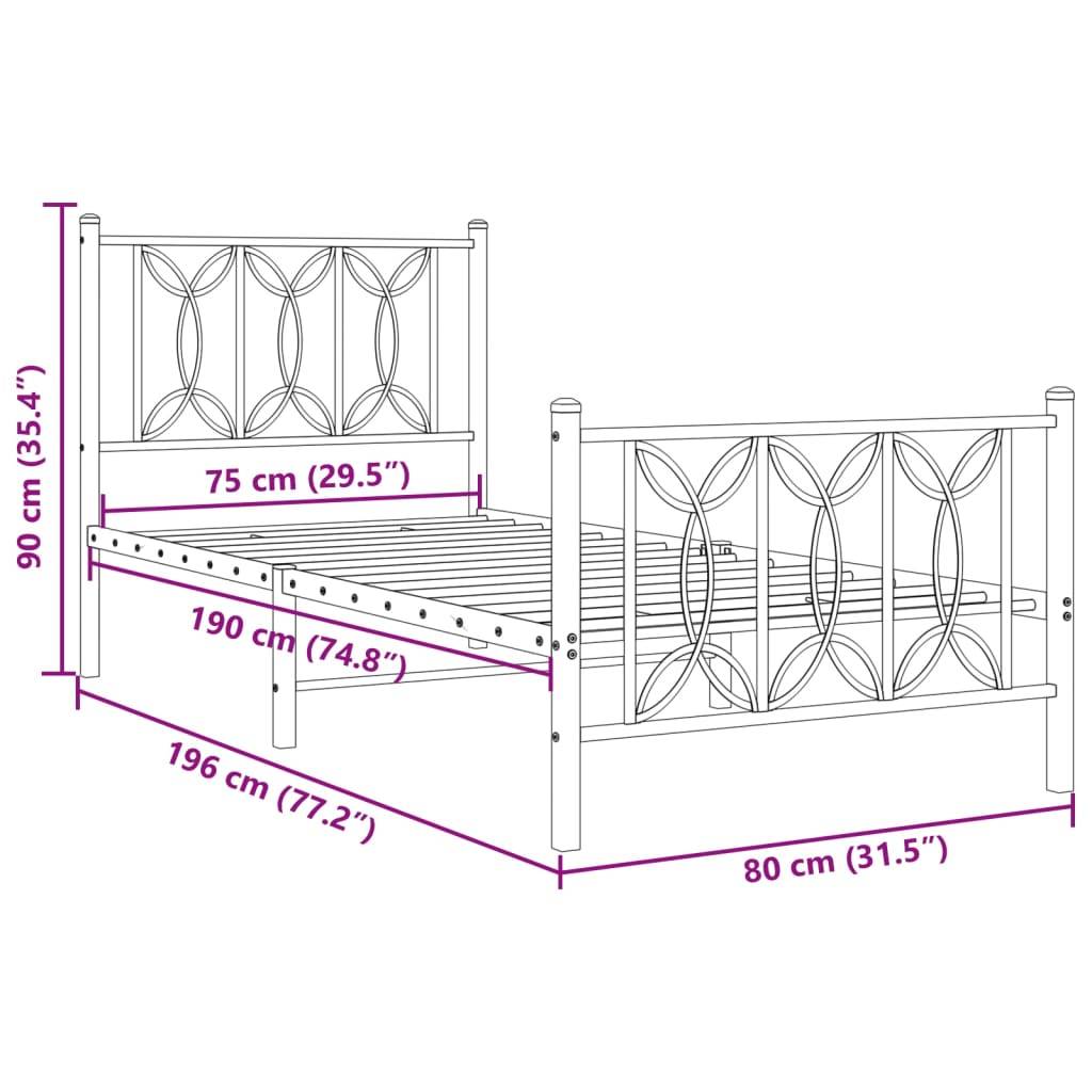 vidaXL Bettgestell mit Kopf- und Fußteil Metall Weiß 75x190 cm