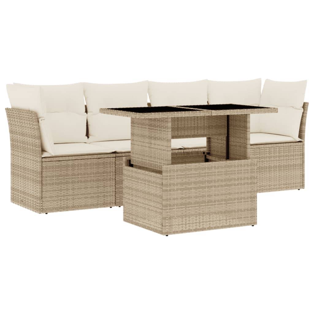 vidaXL 5-tlg. Garten-Sofagarnitur mit Kissen Beige Poly Rattan