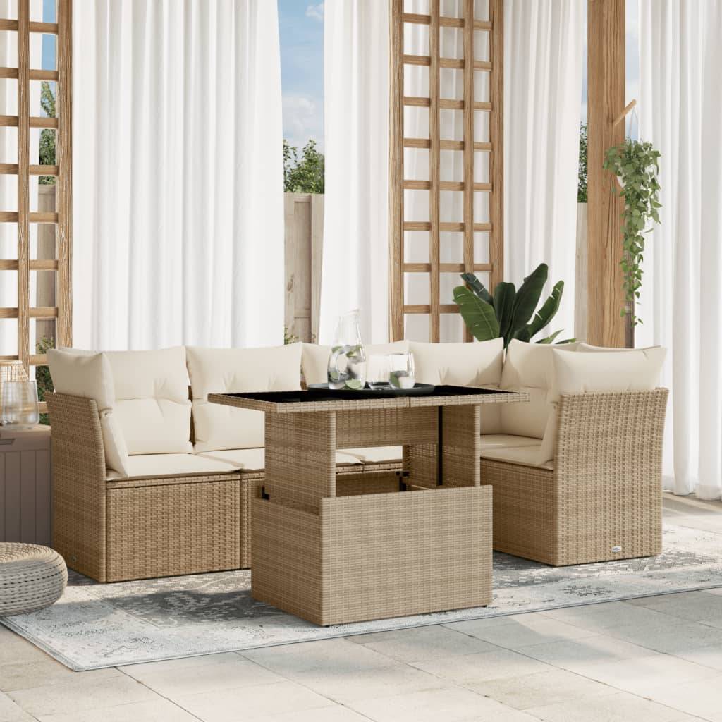 vidaXL 6-tlg. Garten-Sofagarnitur mit Kissen Beige Poly Rattan