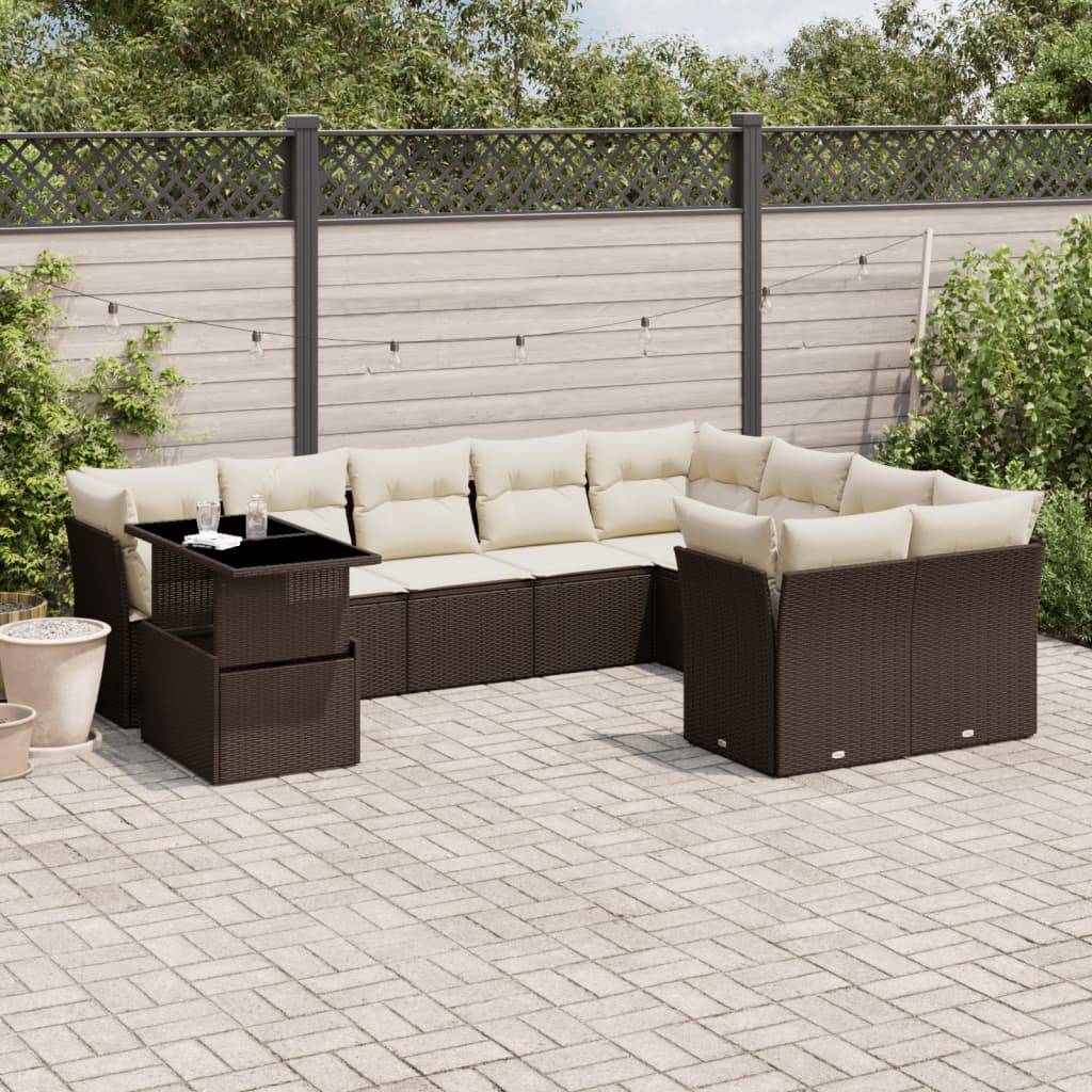 vidaXL 10-tlg. Garten-Sofagarnitur mit Kissen Braun Poly Rattan