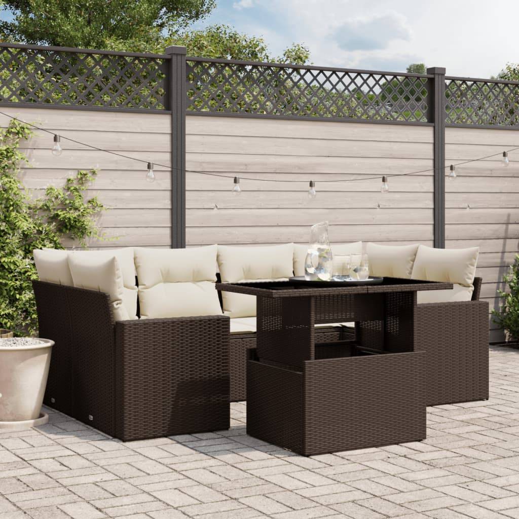 vidaXL 7-tlg. Garten-Sofagarnitur mit Kissen Braun Poly Rattan