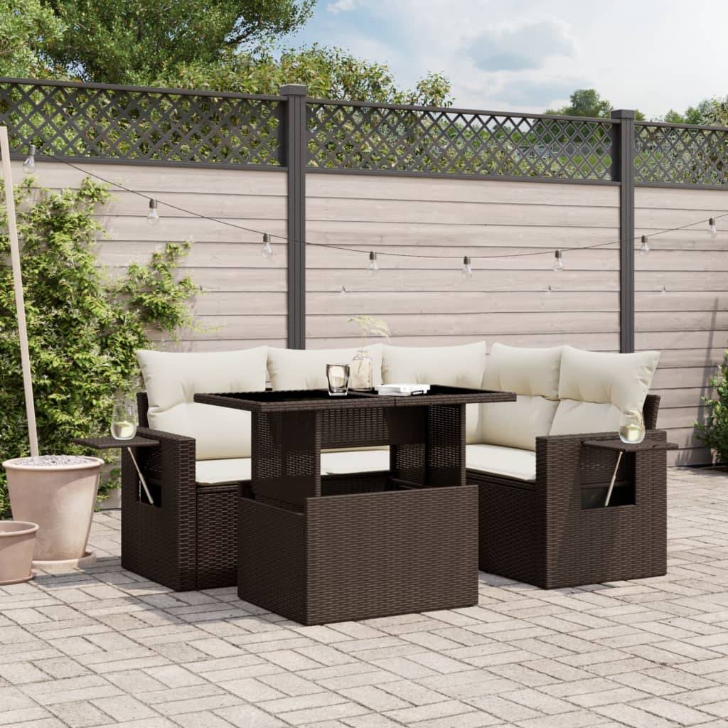 vidaXL 5-tlg. Garten-Sofagarnitur mit Kissen Braun Poly Rattan