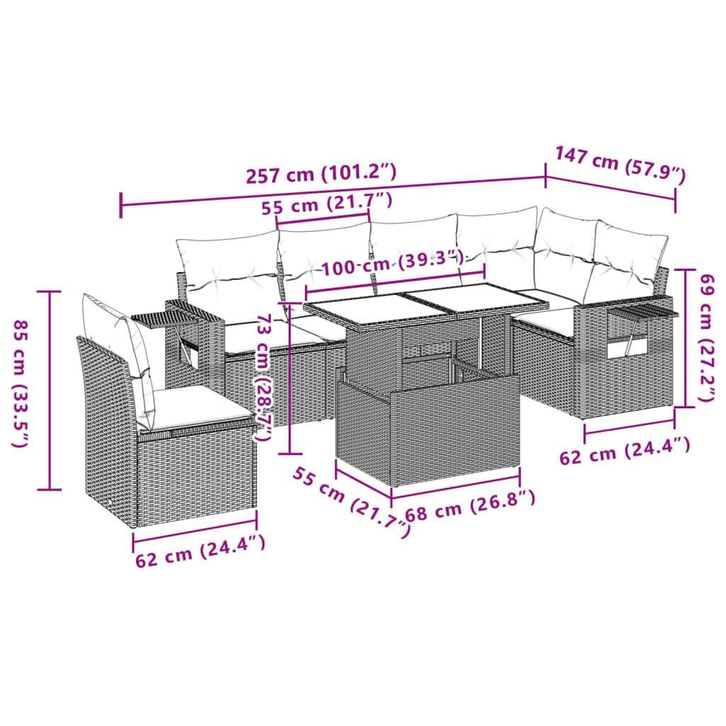vidaXL 7-tlg. Garten-Sofagarnitur mit Kissen Braun Poly Rattan