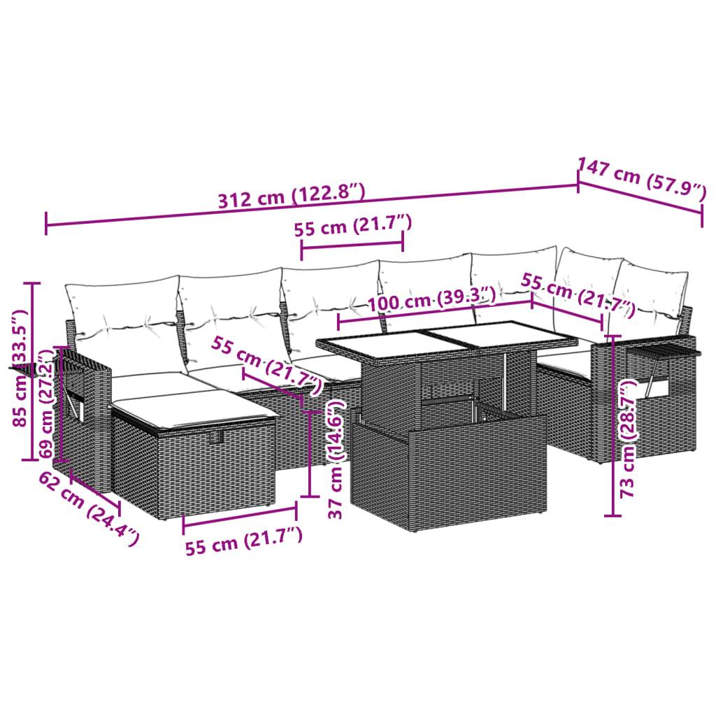 vidaXL 8-tlg. Garten-Sofagarnitur mit Kissen Schwarz Poly Rattan
